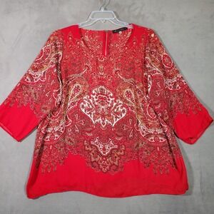 Rose &‎ Olive Top Womens 2X Red Floral Paisley 3/4 Sleeve Blouse Boho Chic Artsy